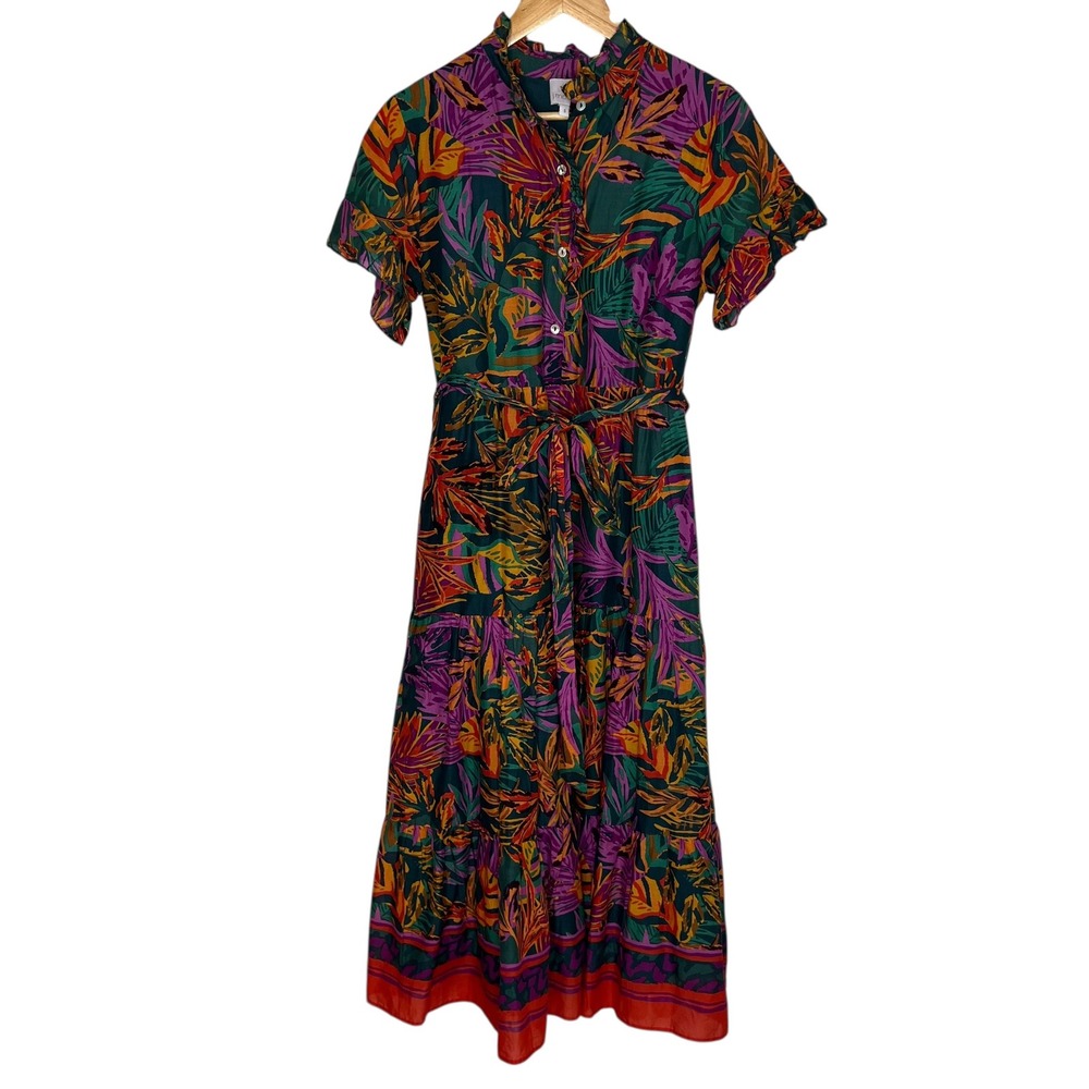 NWOT J. Marie Asher Boho Vibrant Leaf Print Button Up Tie Midi Dress SZ‎ S